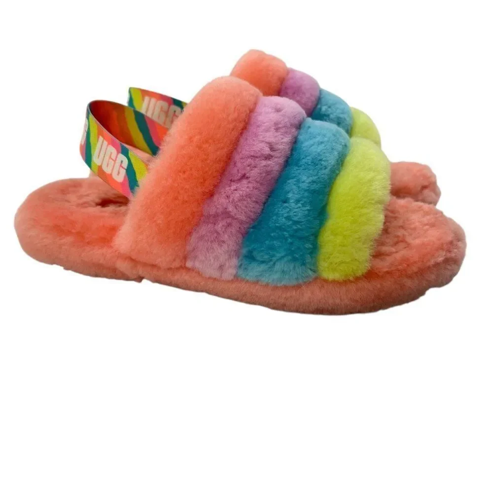 UGG Kids Fluff Yeah Rainbow Sherpa Slides Size 5
